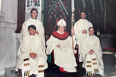 Diocese of Erie ordination class of 1990 with Bishop Michael Murphy. Fr. Scott Jabo is in the upper right corner of the photo.